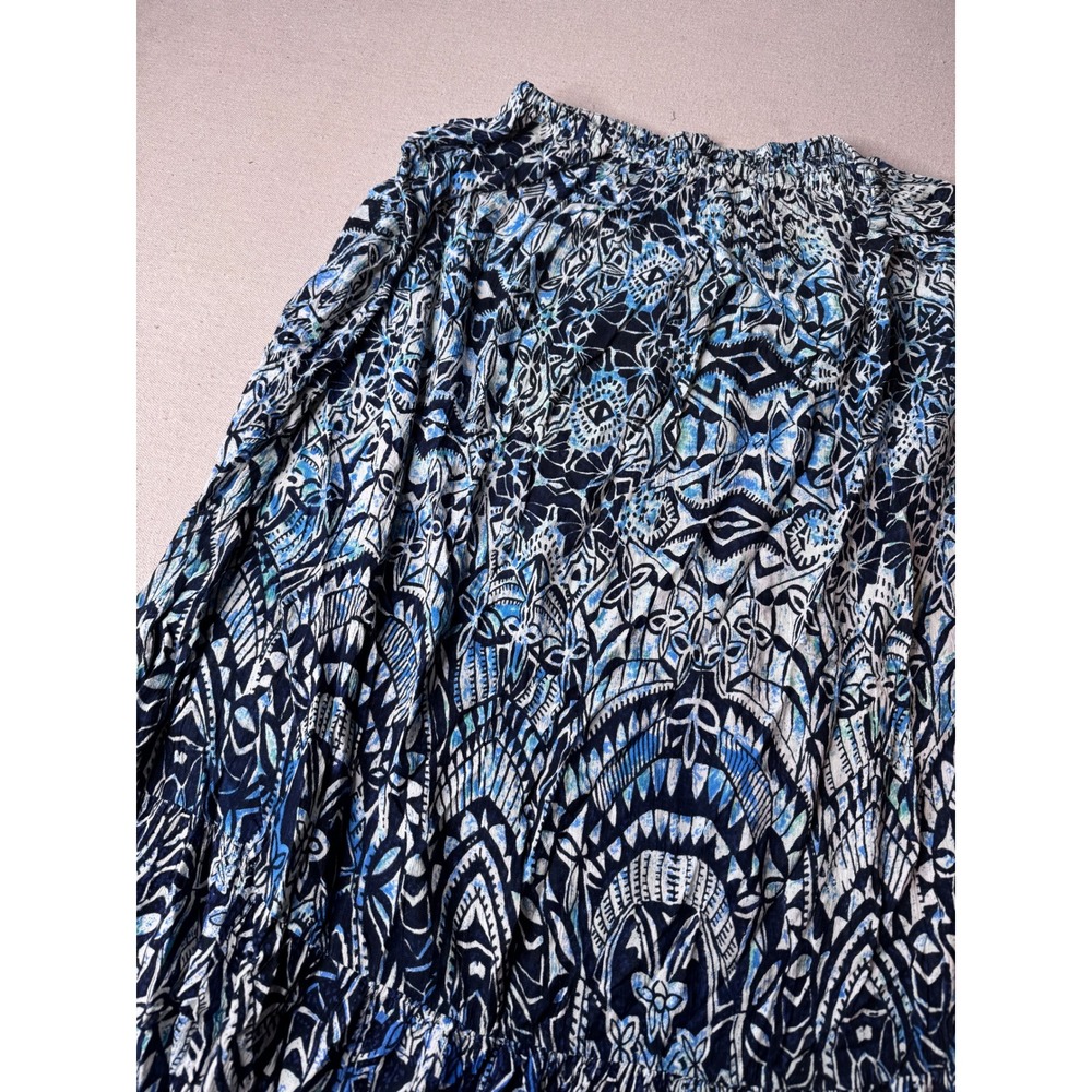 Roz & Ali Womens Blue Geometric Print Tiered Ruffle Maxi Skirt Size M Boho Flowy